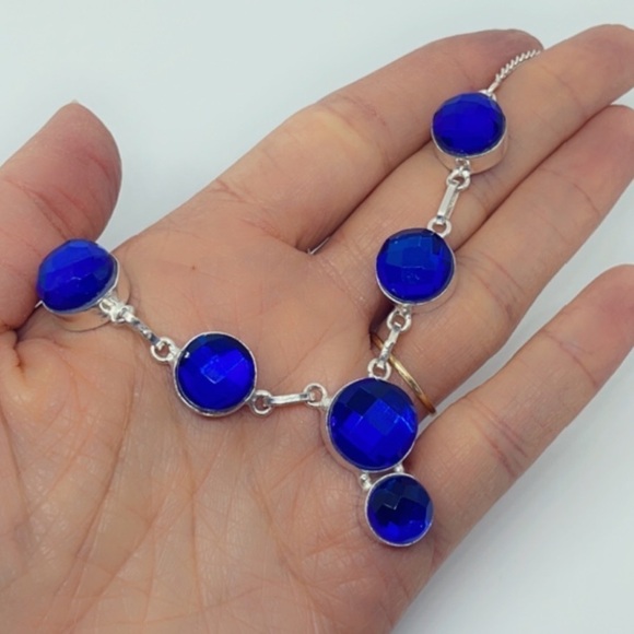 Sterling Silver Blue Faceted Gem Necklace – Artisan Made, 18” Statement - Picture 12 of 17